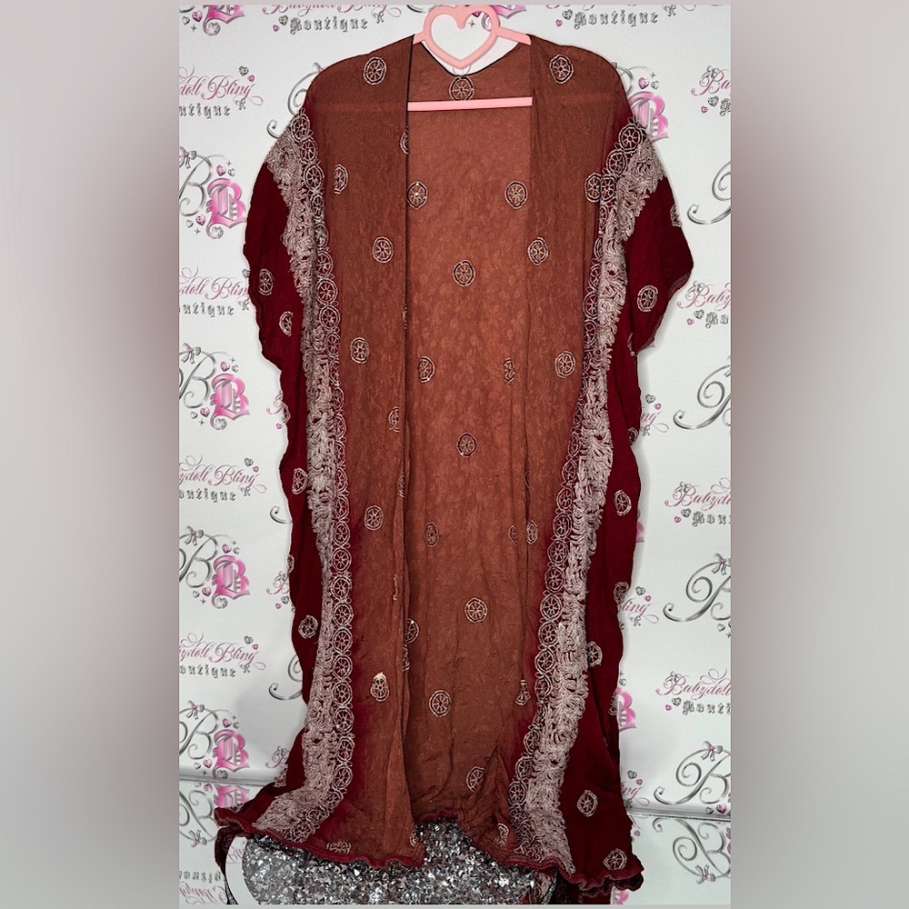 Bohemian Burgundy Lace Kimono robe cardigan one size fits all embroidered